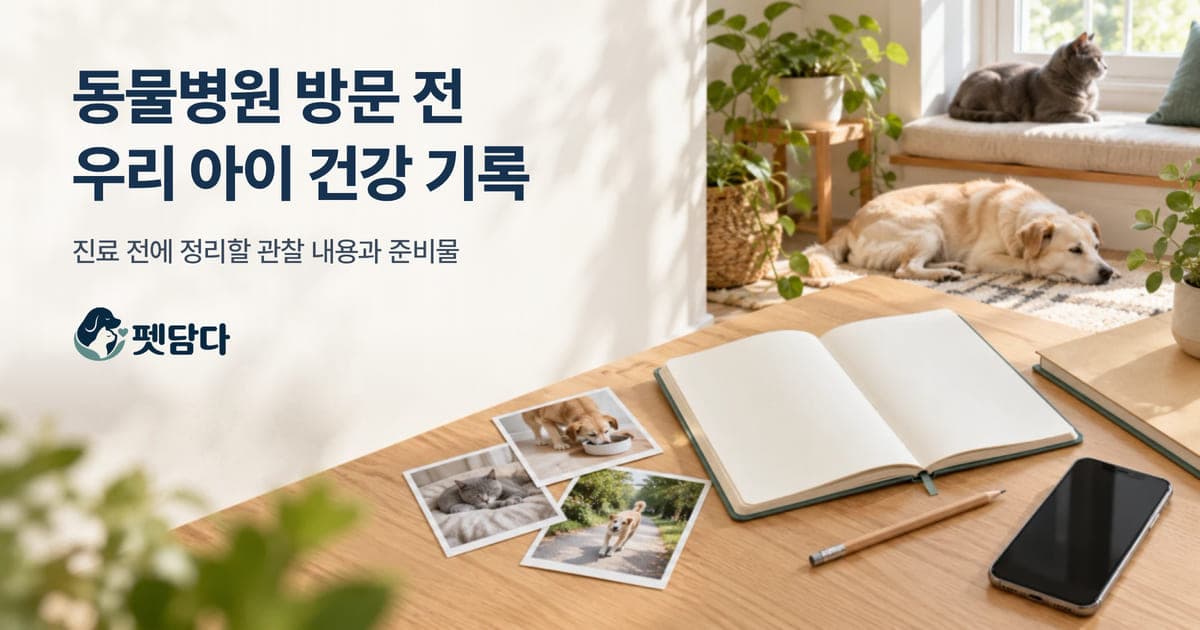햇살 드는 거실 탁자 위 빈 노트와 휴대전화, 반려동물 사진 옆에서 쉬고 있는 강아지와 고양이